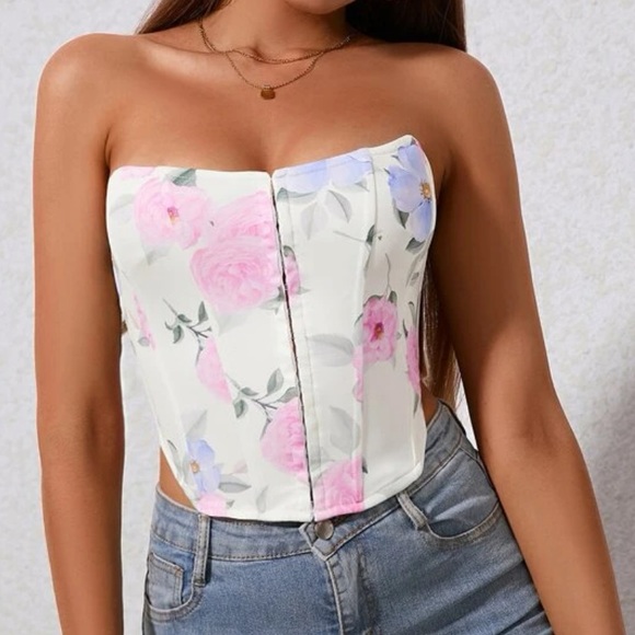 Floral Print Lace Up Back hook front closure boned corset Tube Top - Picture 3 of 5